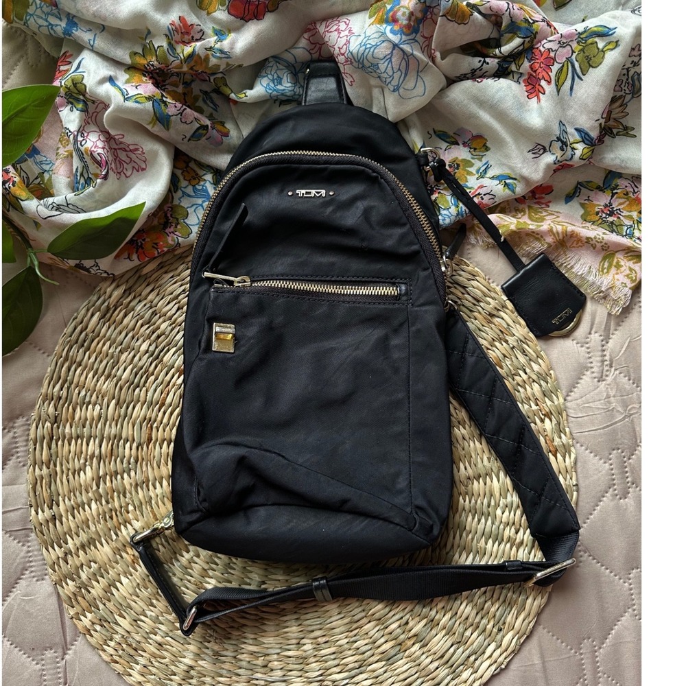Tumi Voyageur Anna Sling Bag Black Nylon Gold Hardware Crossbody Backpack